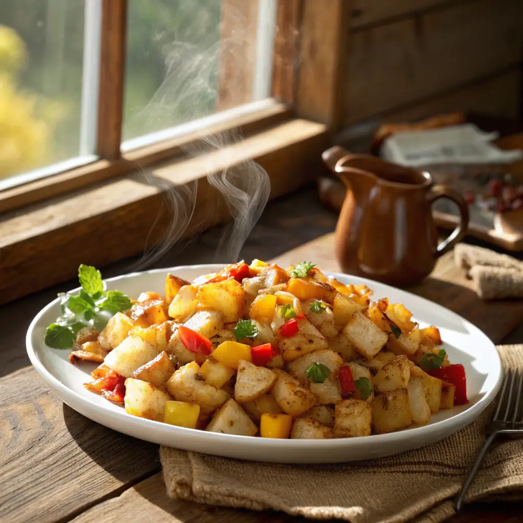 A vibrant plate of O'Brien hash browns served on a rustic wooden table with crispy golden-brown diced potatoes, bell peppers, and onions