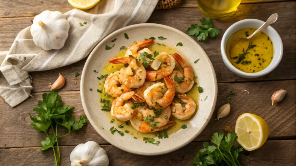 A beautifully plated garlic shrimp dish with garlic butter sauce, parsley, and lemon, styled on a rustic table for an appetizing featured image