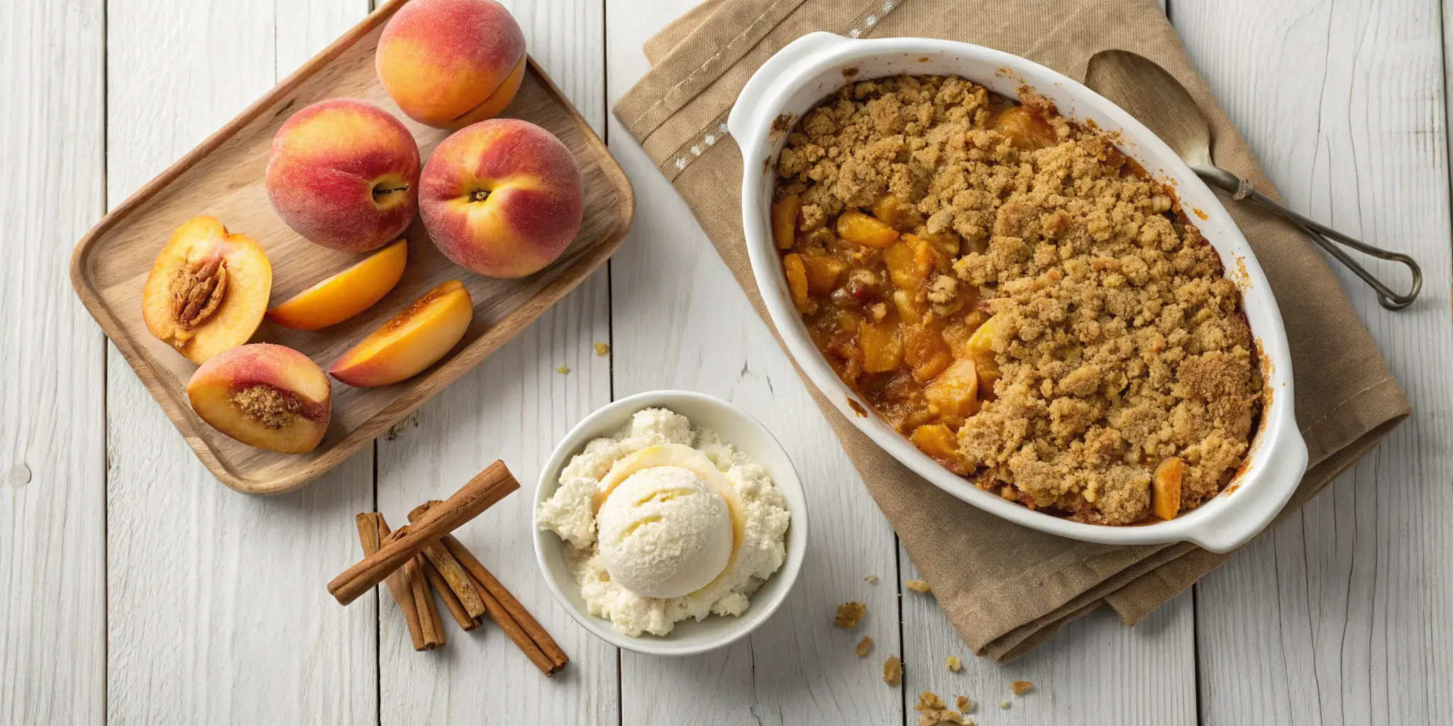 A professional and enticing image of a peach crumble and peach crisp displayed side by side on a wooden table, emphasizing the distinct toppings of each dessert, with fresh peaches and cinnamon sticks enhancing the presentation