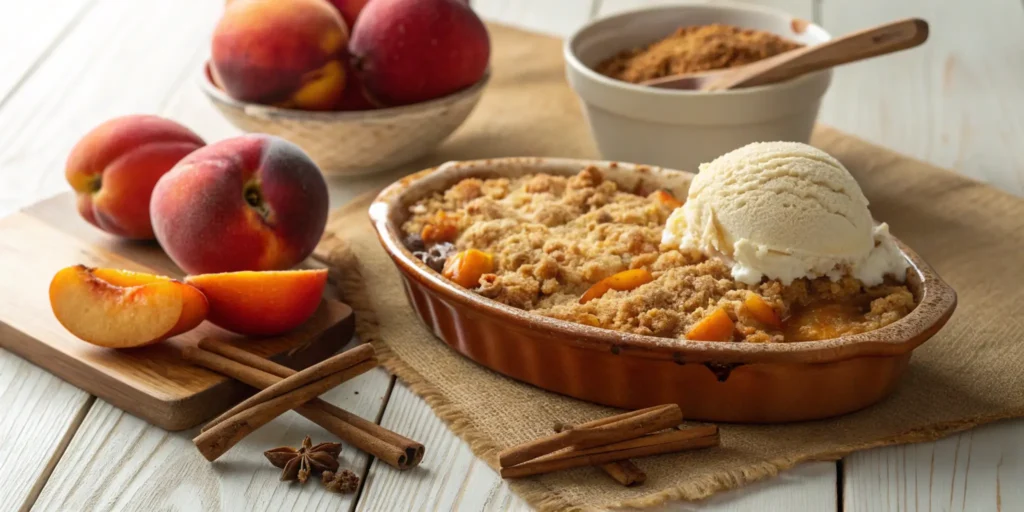 A warm, freshly baked peach crumble with a golden topping, served with melting vanilla ice cream, surrounded by ripe peaches and cinnamon sticks