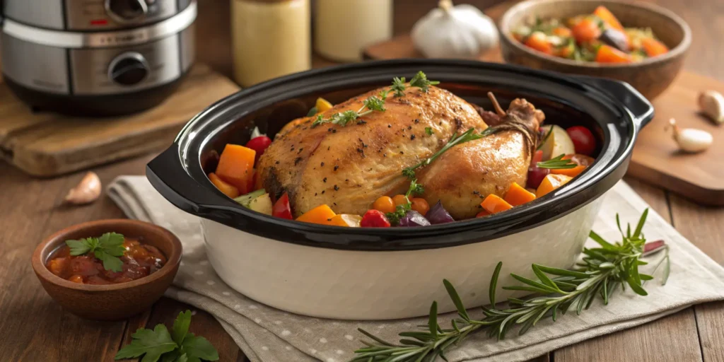 A visually appealing featured image showing a tender, moist crockpot chicken surrounded by colorful vegetables and garnished with fresh herbs, set on a rustic table with a cozy kitchen backdrop