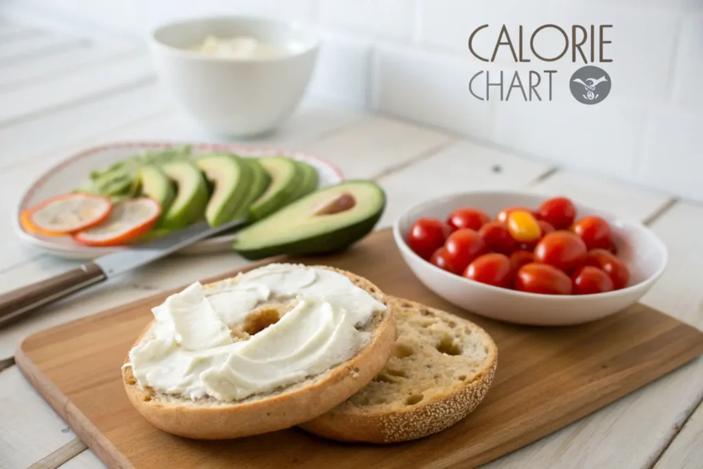 Plain bagel with cream cheese and calorie chart overlay featuring healthy topping options like avocado and tomatoes