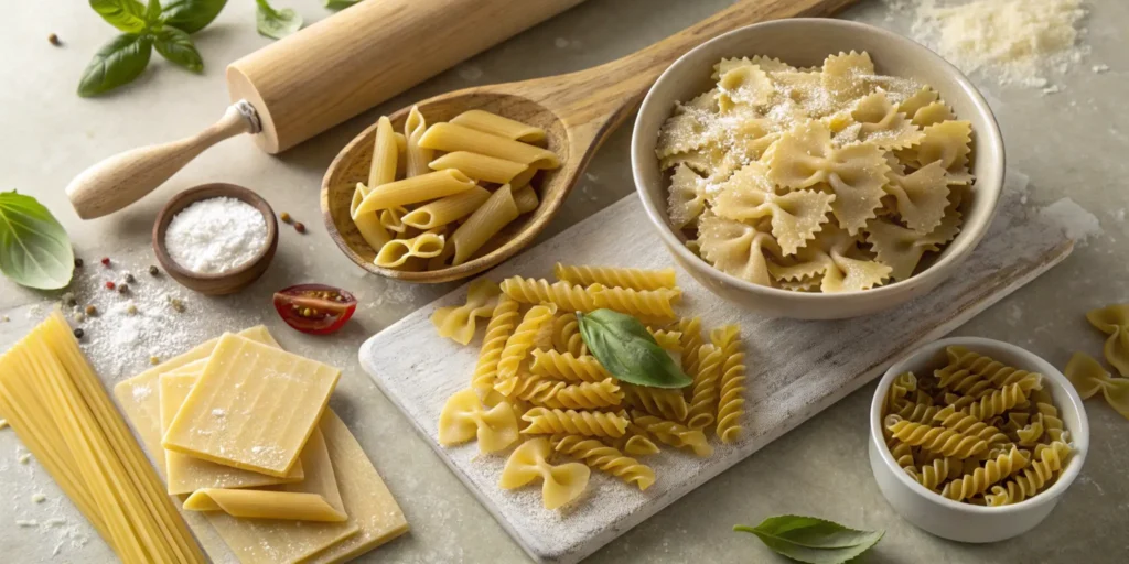 A professional featured image showing a variety of pasta types, including campanelle and its substitutes, displayed on a rustic kitchen countertop with fresh basil and parmesan