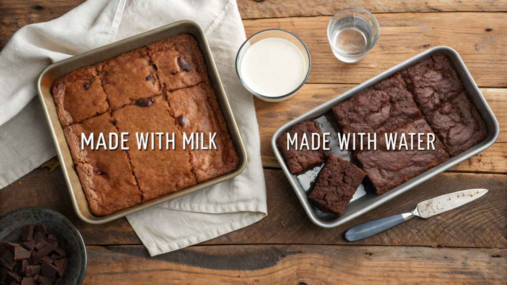 Top-down view of brownies made with milk and water, showcasing the textural and visual differences between the two, displayed on a rustic wooden table.