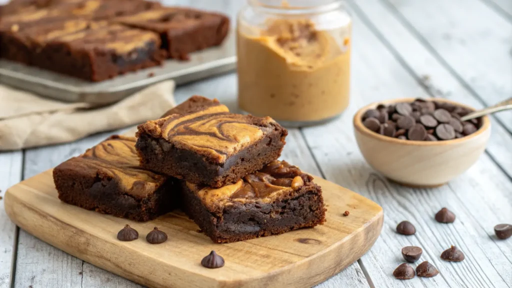 A featured image of freshly baked peanut butter brownies on a rustic wooden board, showcasing gooey swirls and rich chocolate texture, with decorative props like a peanut butter jar and chocolate chips in the background for an appealing, dessert-focused aesthetic