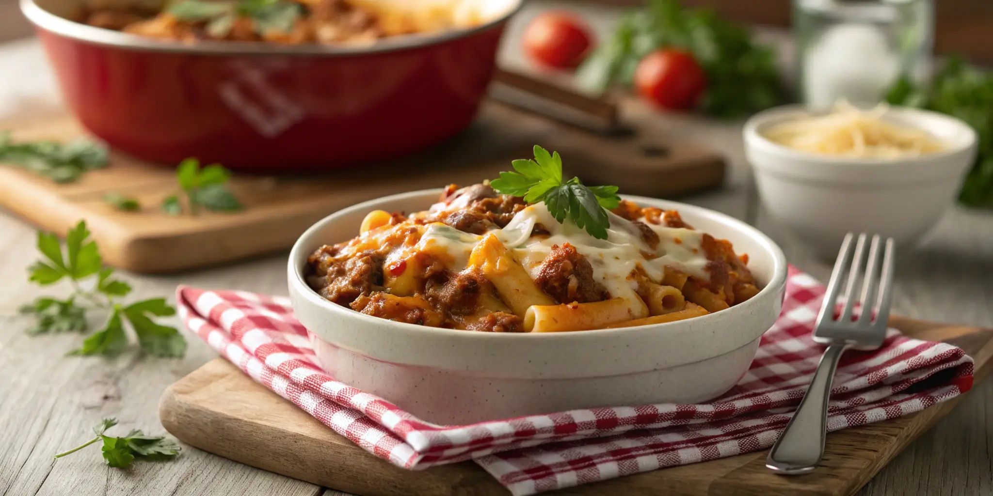 A beautifully styled bowl of beefaroni garnished with parsley, placed on a rustic wooden table with a checkered napkin and fork, photographed in a warm and inviting setting to highlight its comforting appeal