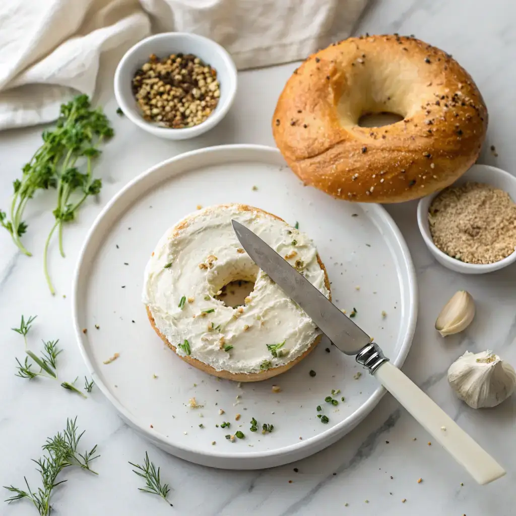 Garlic cream cheese bagel on a white plate with spread knife, herbs, and roasted garlic on a marble countertop