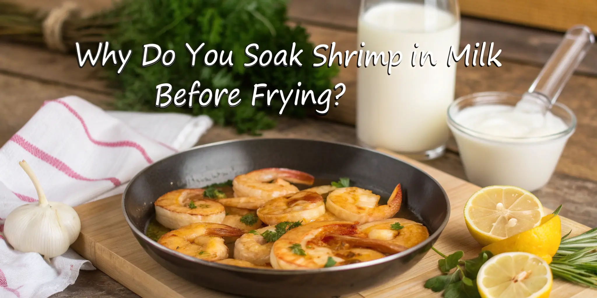 A featured image showing golden shrimp frying in a pan with vibrant ingredients like garlic, parsley, and lemon slices, alongside a bowl of milk and raw shrimp on a rustic wooden countertop, representing the process of soaking shrimp in milk before frying