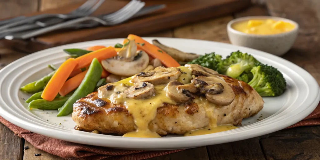 A delicious plate of Alice Springs Chicken with melted cheese, mushrooms, and honey mustard, served with steamed vegetables on a rustic table