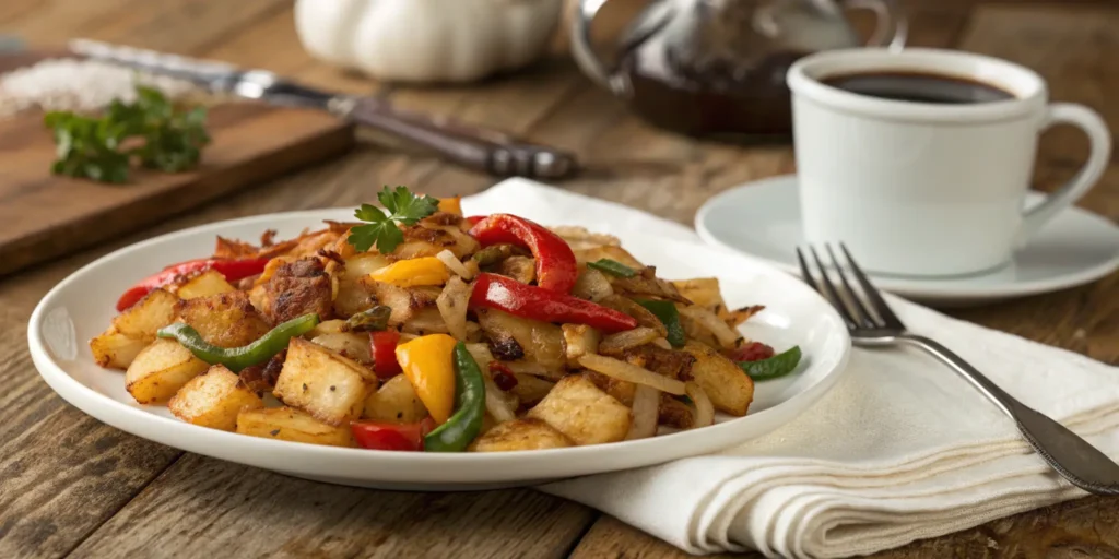 Top-down view of a plate of golden, crispy O'Brien hash browns with red and green bell peppers and onions, garnished with parsley on a rustic table