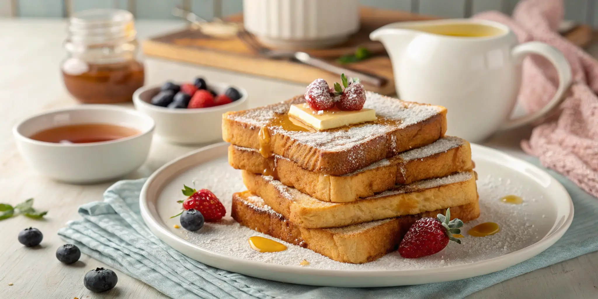 A professional image showcasing golden, crispy French toast with butter, syrup, and fresh berries, set on a stylish breakfast table