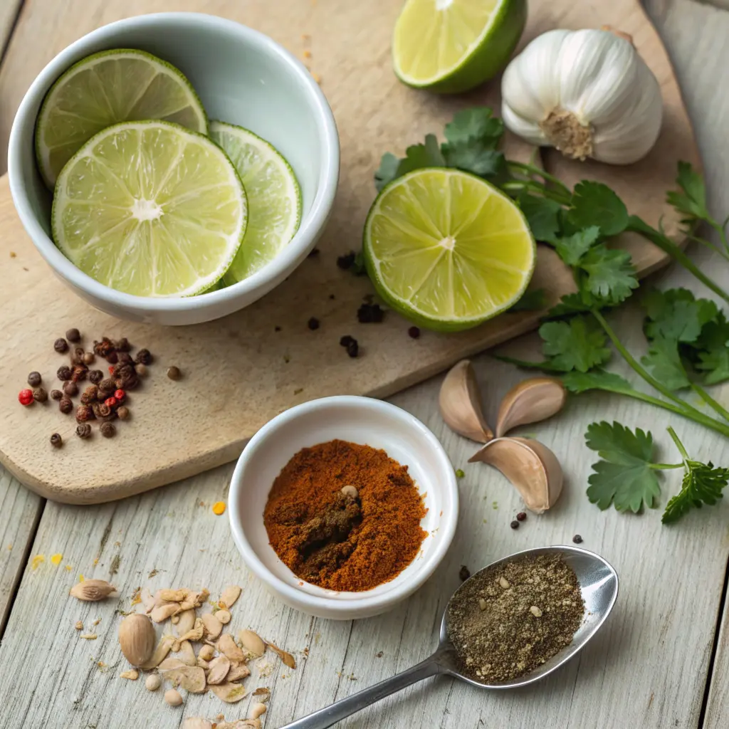 Essential chicken fajita marinade ingredients like lime slices, garlic, cumin, chili powder, paprika, and cilantro arranged neatly on a rustic wooden surface