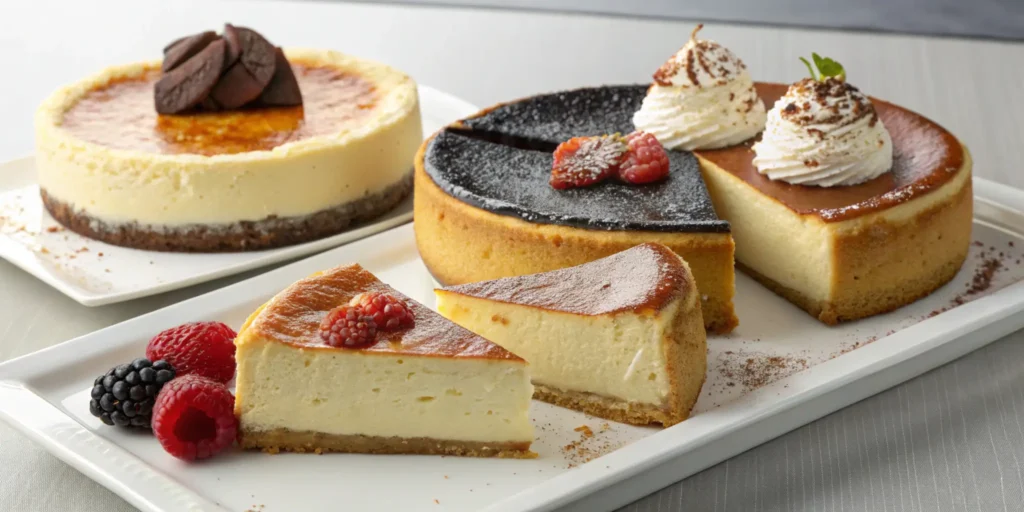 An artistic presentation of the three types of cheesecake—New York-style, Basque burnt, and Japanese—showcasing their unique textures and toppings in a visually appealing arrangement, perfect for a dessert lover’s dream