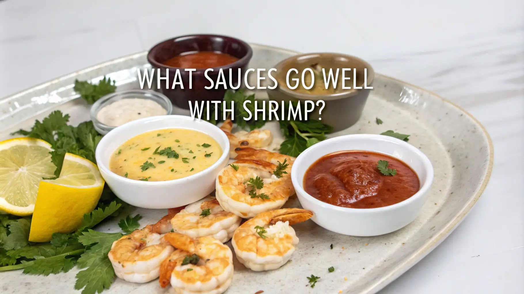 An elegant featured image showcasing a beautifully styled plate of shrimp surrounded by a variety of sauces in small bowls. The sauces include cocktail sauce, garlic butter sauce, and mango salsa, arranged with garnishes like lemon wedges, parsley, and chili flakes. The image features a clean, minimalist background with the title 'What Sauces Go Well with Shrimp?' in modern, white text overlay at the top center.