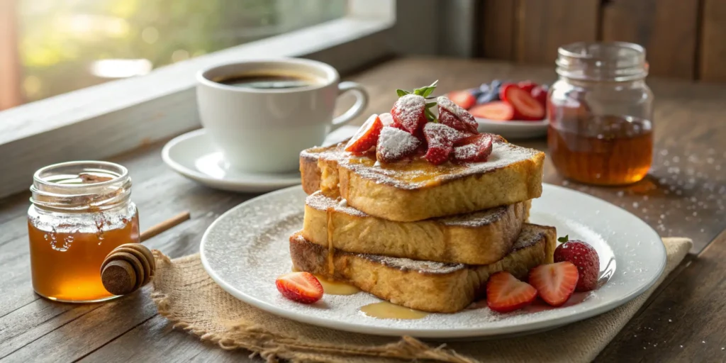 A professional, appetizing display of Hawaiian Roll French Toast served with strawberries, powdered sugar, and maple syrup, set in a cozy breakfast setting with natural light.