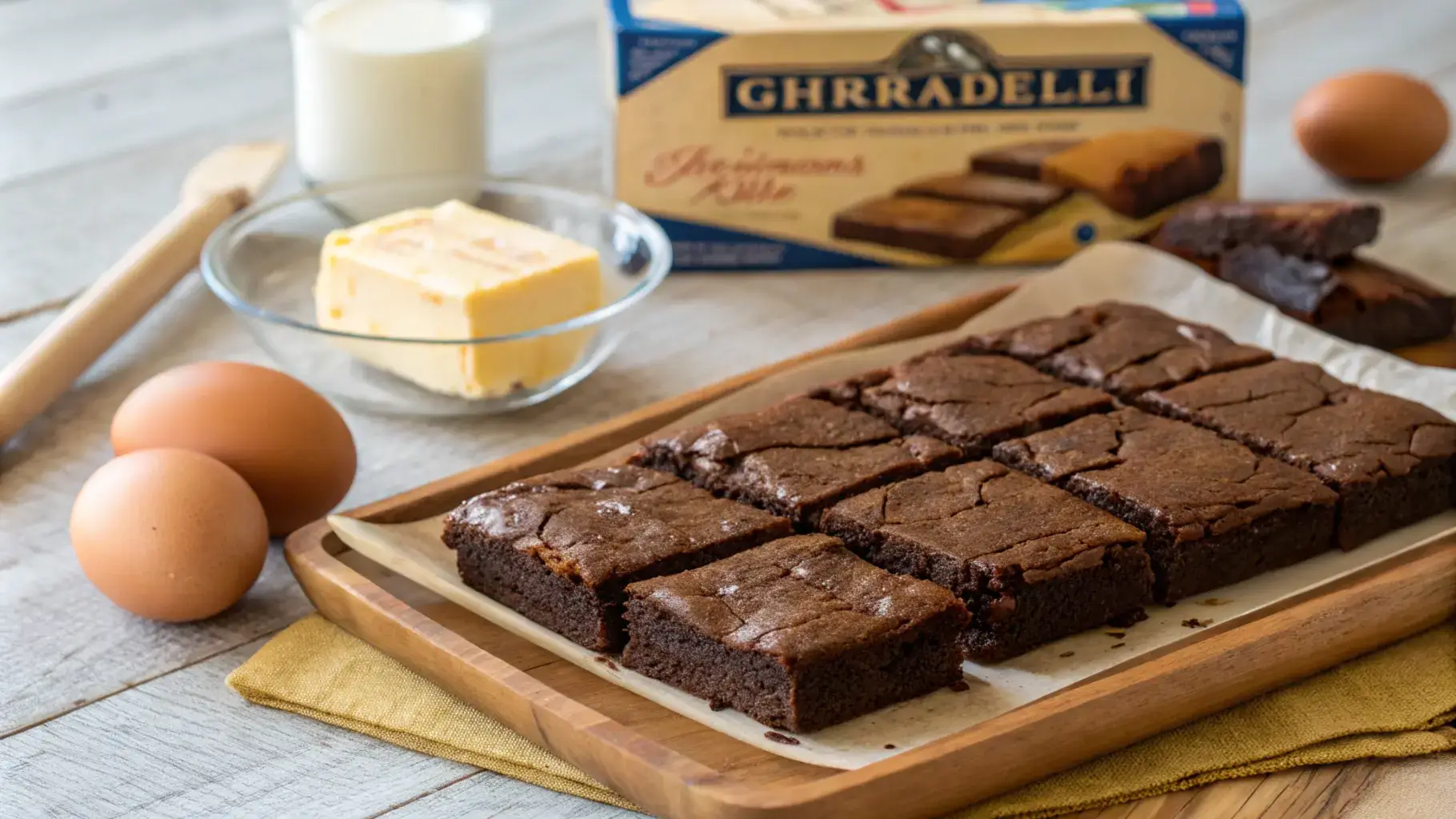 Freshly baked Ghirardelli brownies made using butter instead of oil, displayed with ingredients like butter, eggs, and Ghirardelli brownie mix box.