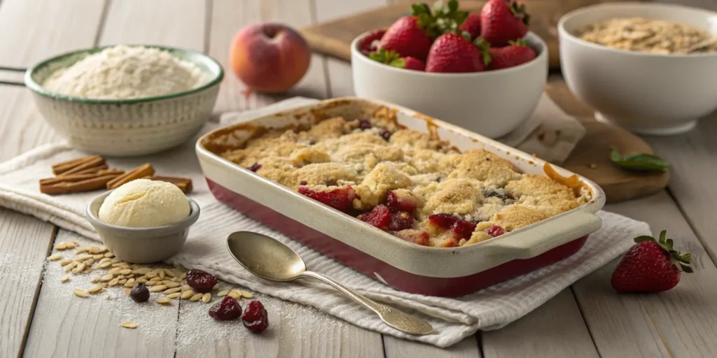 A beautifully baked fruit crumble with golden topping and juicy fruit layers, styled on a rustic table with baking ingredients and ice cream