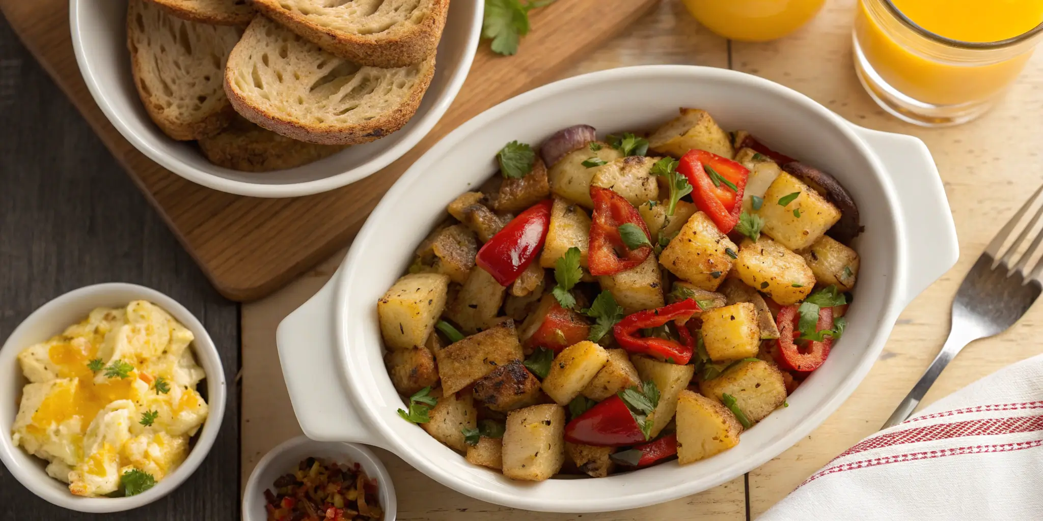 An overhead view of a beautifully styled breakfast table featuring Potatoes O’Brien in a white ceramic bowl. The dish showcases perfectly golden, crispy potatoes mixed with vibrant red and green bell peppers and caramelized onions, garnished with fresh parsley. Surrounding the bowl are elegant breakfast items, including scrambled eggs, a glass of orange juice, and toasted bread on a rustic wooden table. The warm lighting creates an inviting and professional atmosphere, ideal for a food blog or culinary feature.