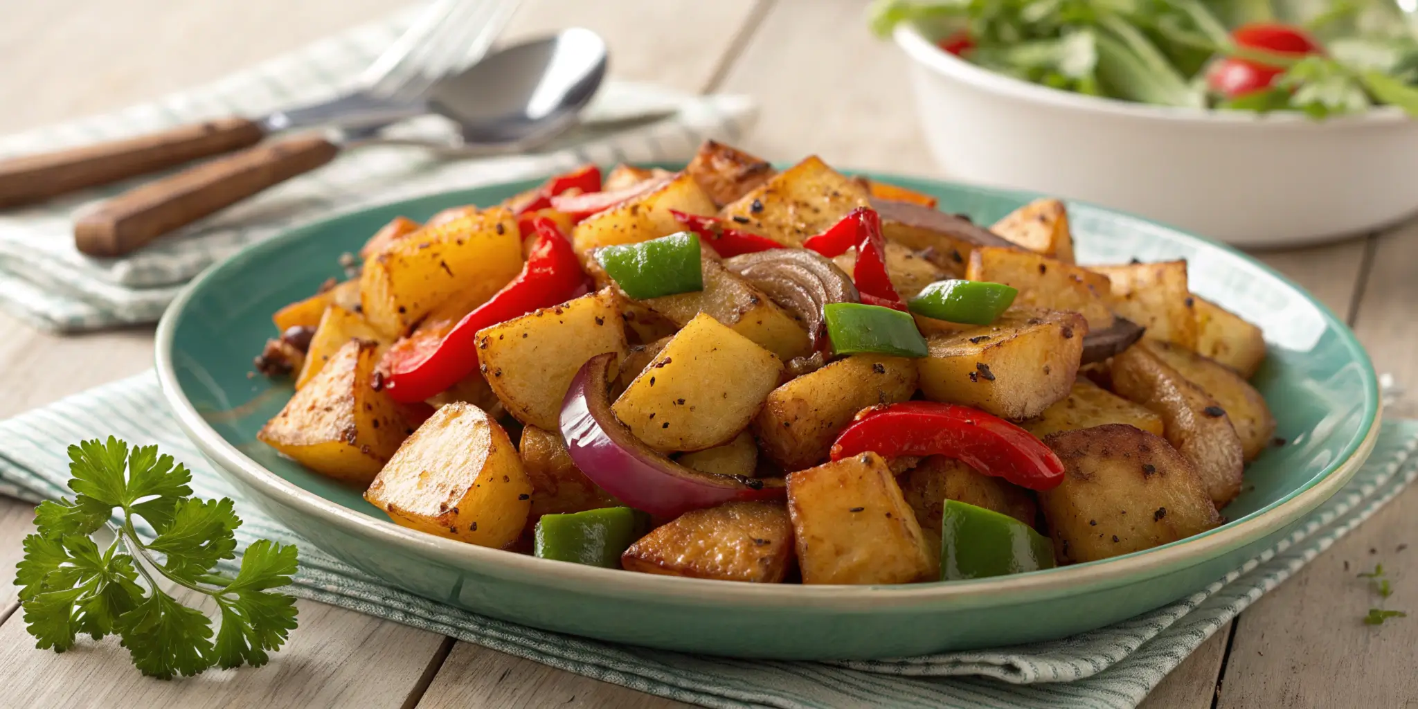 A professionally styled plate of Potatoes O’Brien featuring crispy diced potatoes, vibrant bell peppers, and caramelized onions on a rustic wooden table." This image will catch attention while perfectly representing the dish for the article's featured position