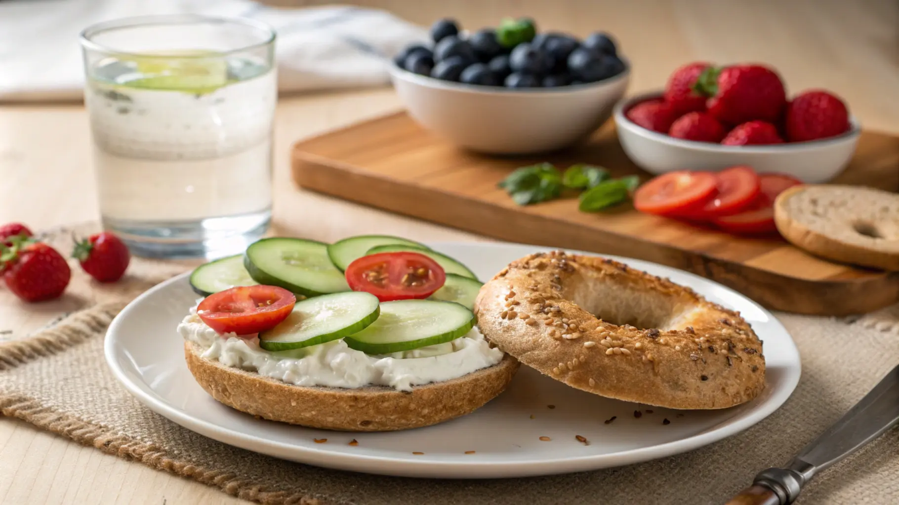 Healthy breakfast option for diabetics: a whole-grain bagel with low-fat cream cheese, fresh vegetable toppings, berries, and a glass of water on a clean table