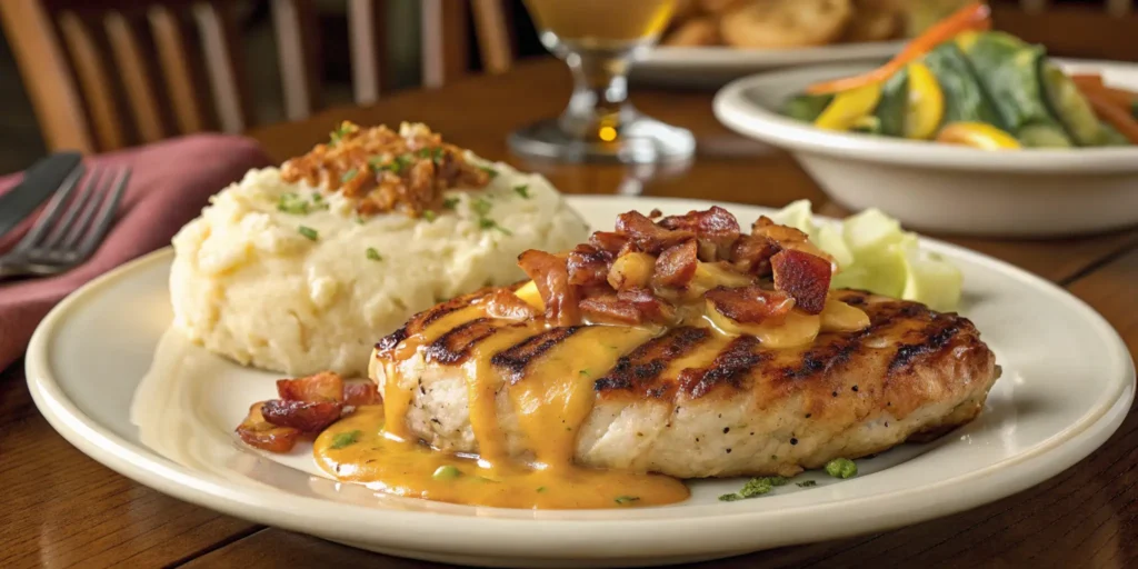 A mouth-watering plate of Alice Springs Chicken from Outback Steakhouse, featuring a perfectly grilled chicken breast topped with melted cheese, crispy bacon, and honey mustard sauce. Served alongside creamy mashed potatoes and fresh steamed vegetables, this dish embodies comfort food at its finest in a warm, inviting restaurant setting.