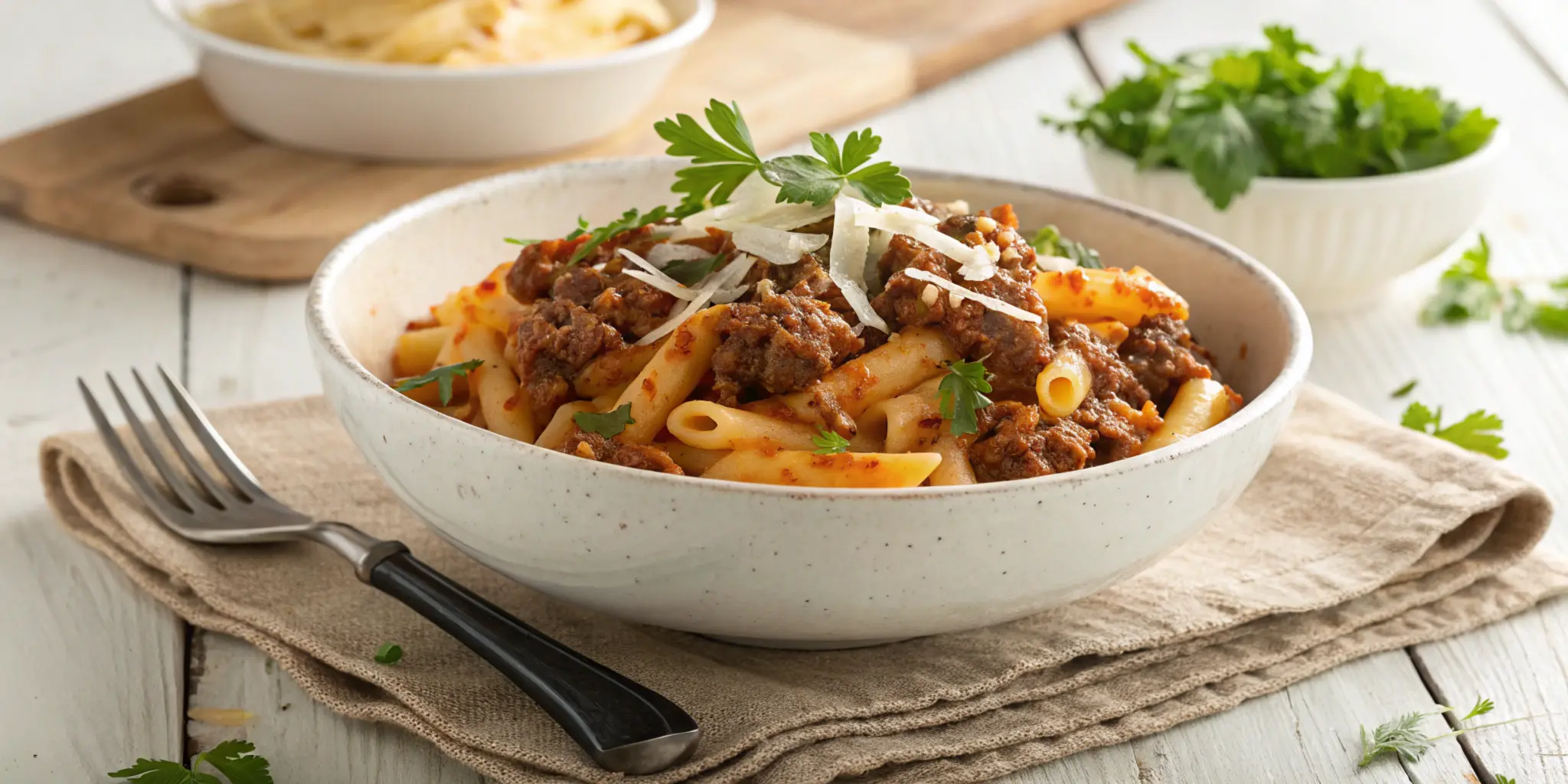 An inviting bowl of Beefaroni garnished with fresh parsley and melted cheese, placed on a rustic wooden table with soft, natural lighting to emphasize the dish's textures and rich colors, perfect for professional use as a featured image