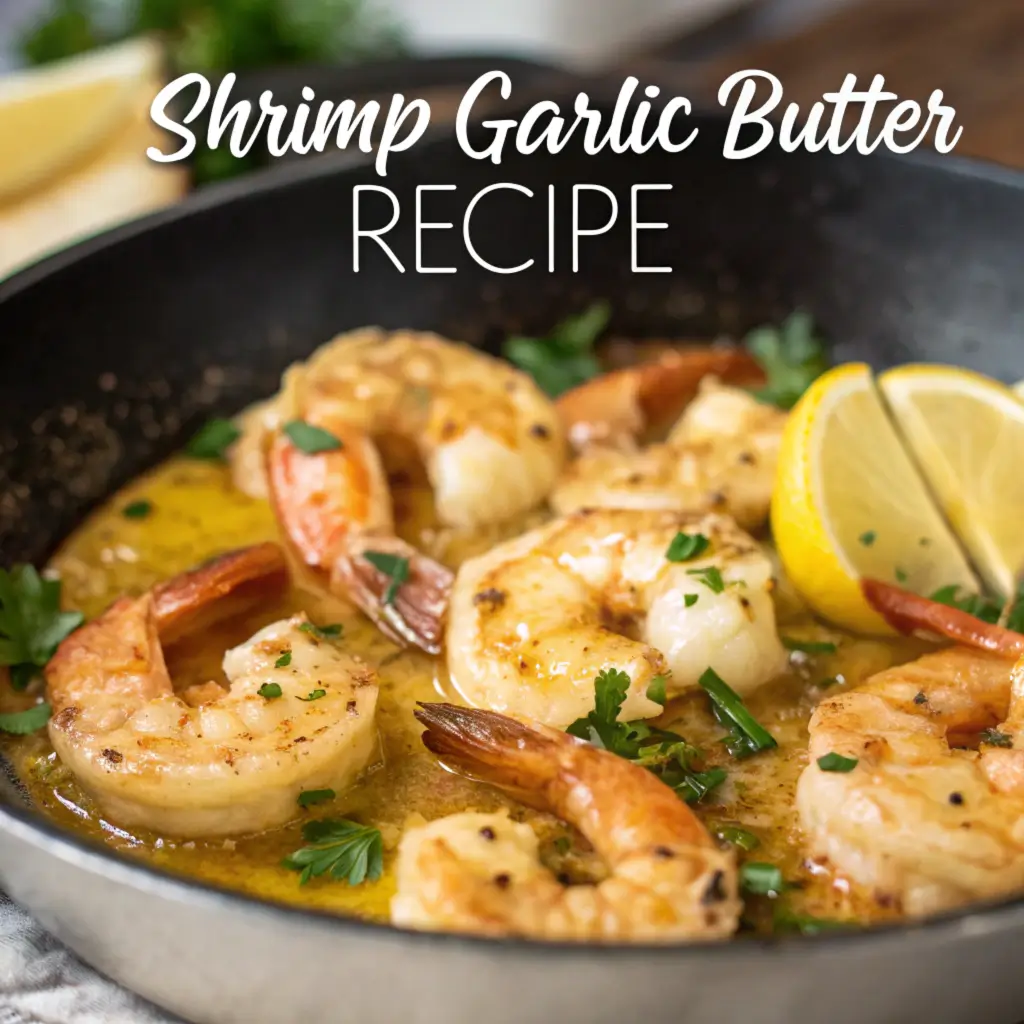 Featured image of golden garlic butter shrimp in a skillet, garnished with parsley and lemon, with the title 'Shrimp Garlic Butter Recipe' in bold white text