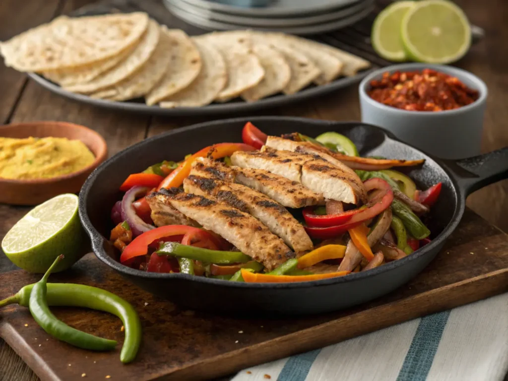 Grilled chicken fajitas sizzling on a cast iron skillet with bell peppers, onions, warm tortillas, and lime wedges on a rustic table.