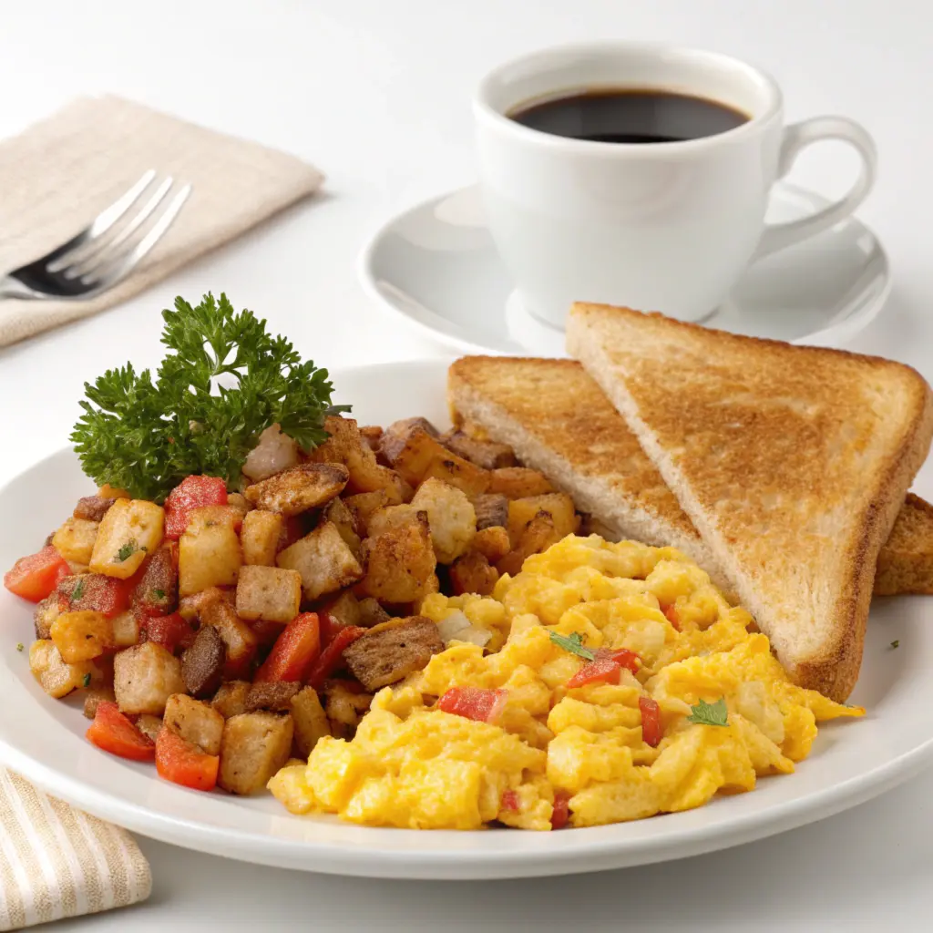 A hearty breakfast plate featuring O'Brien hash browns, scrambled eggs, and toast, with a steaming cup of coffee on the side