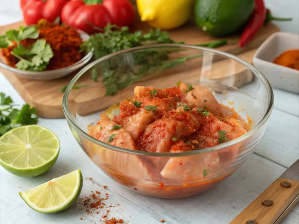 Raw chicken breast strips being coated in colorful fajita marinade inside a glass bowl, with fresh vegetables and lime halves in the background