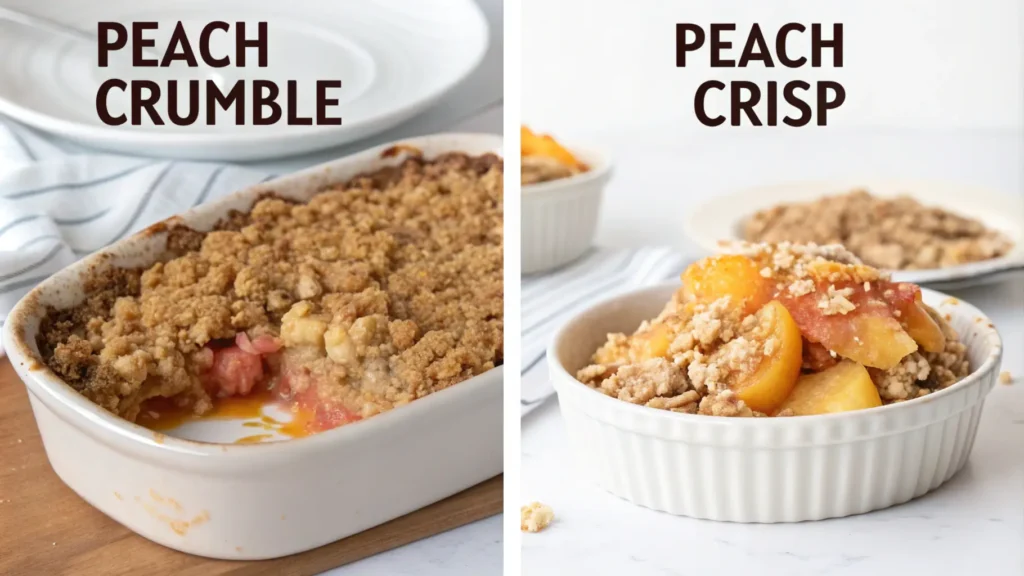 Comparison of peach crumble and peach crisp toppings, side by side with clear labels