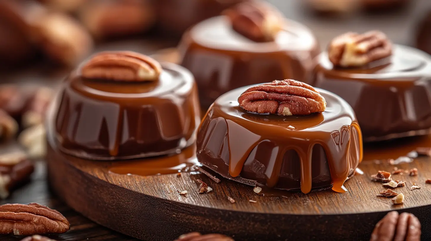 Close-up of turtle chocolate candies arranged on a wooden board, showcasing glossy chocolate, caramel oozing out, and pecans scattered around