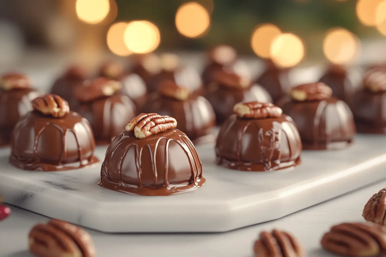 An elegant featured image of chocolate turtle candies on a marble tray with pecans, caramel, and chocolate, set against a festive, warm background