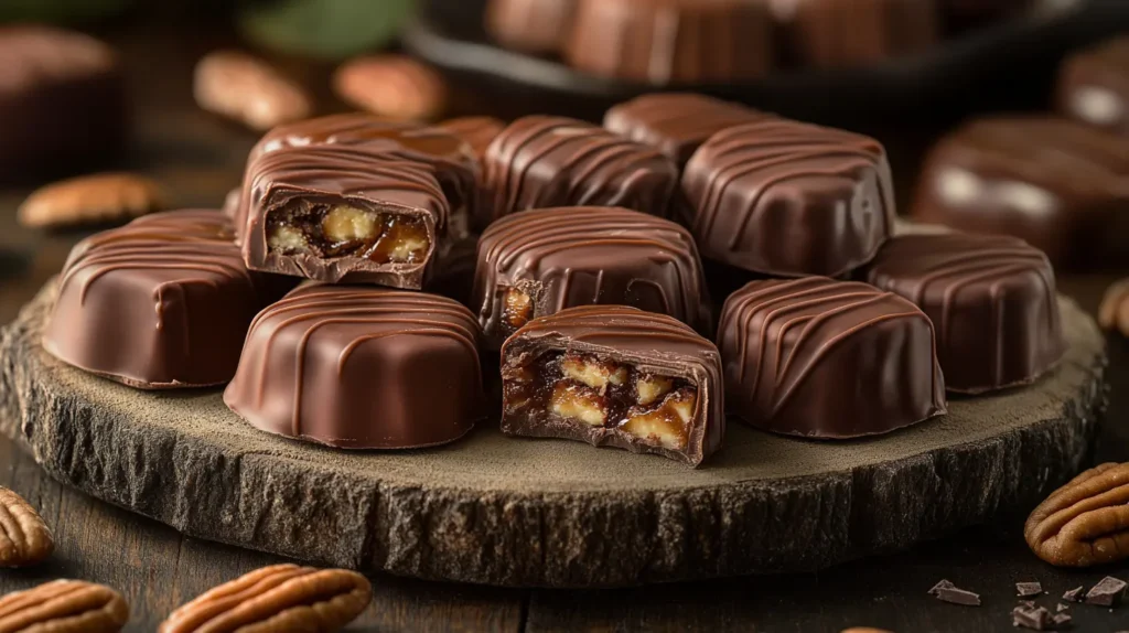 An assortment of turtle chocolates on a rustic wooden platter, showing layers of chocolate, caramel, and pecans, styled with warm tones and caramel drizzles