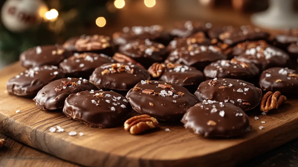 A platter of homemade chocolate turtles featuring pecans, caramel, and chocolate, topped with sea salt, arranged on a wooden board in a cozy kitchen