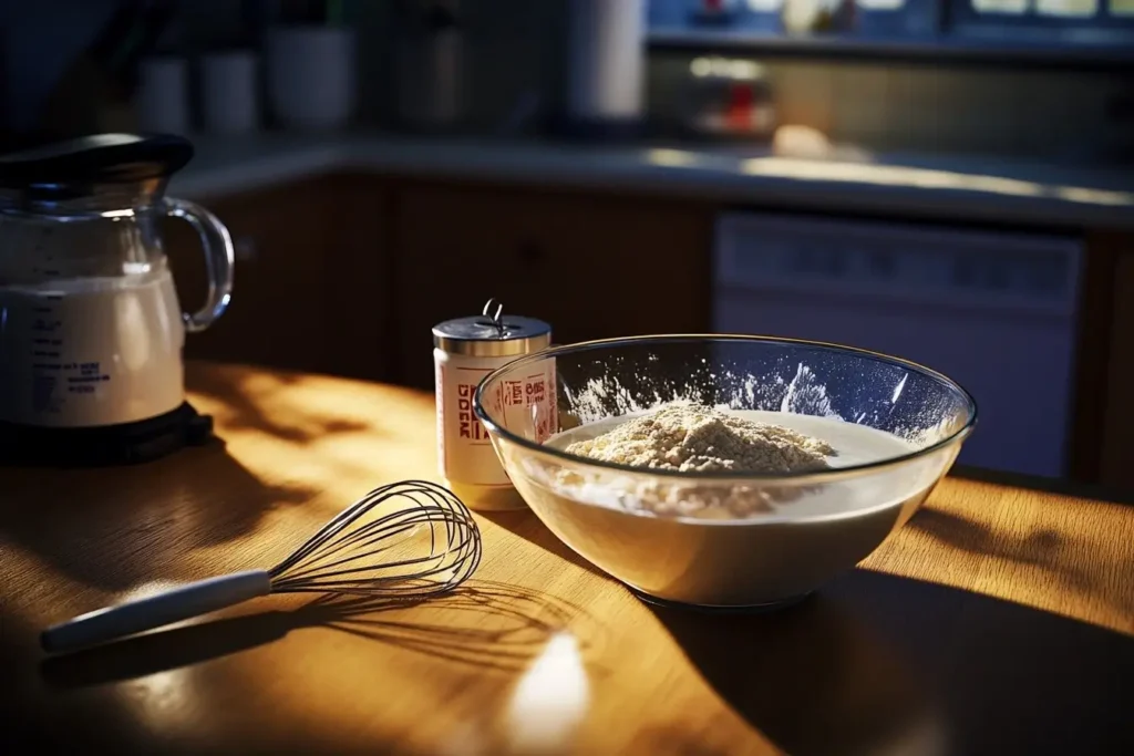 A close-up of a mixing bowl with Bisquick powder, a whisk, and a measuring cup of milk and water on a wooden kitchen countertop in bright lighting