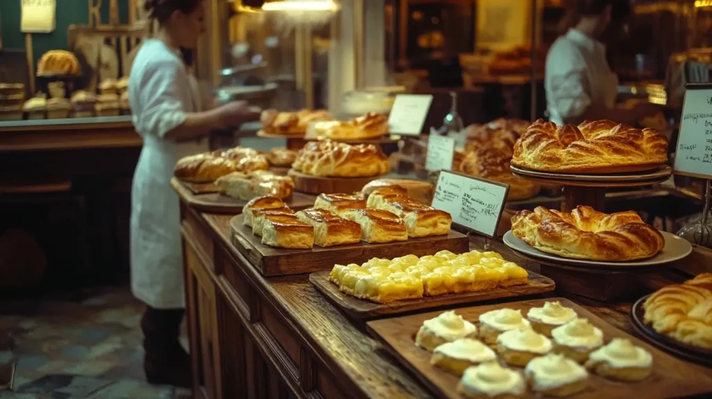 A vibrant 18th-century European bakery with Austrian and Danish bakers collaborating, surrounded by trays of flaky pastries on rustic wooden counters.