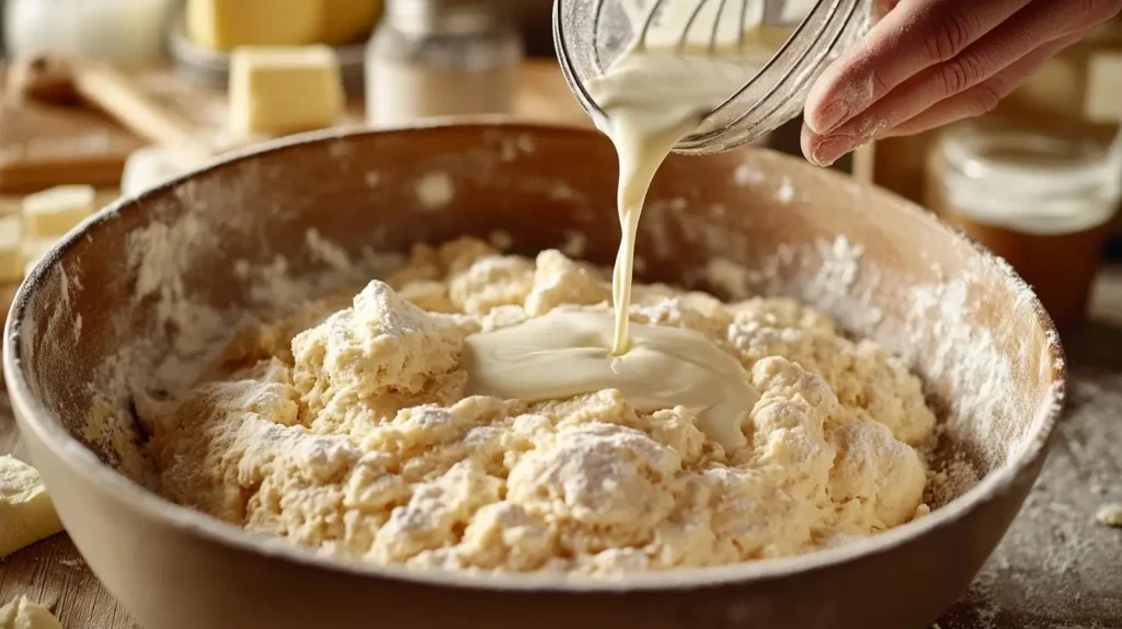 Hands pouring milk into biscuit dough in a mixing bowl, with a whisk and soft butter nearby, softening the dough.