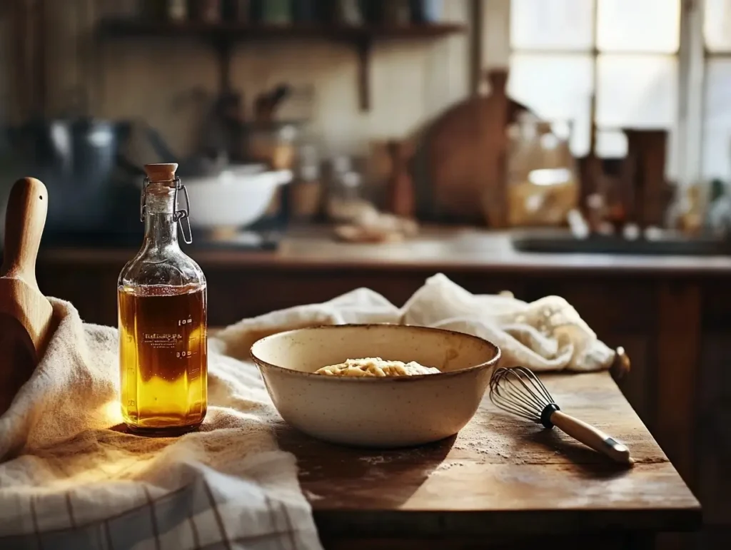 A bottle of apple cider vinegar on a rustic countertop, surrounded by cookie dough in a mixing bowl, whisk, and measuring cups