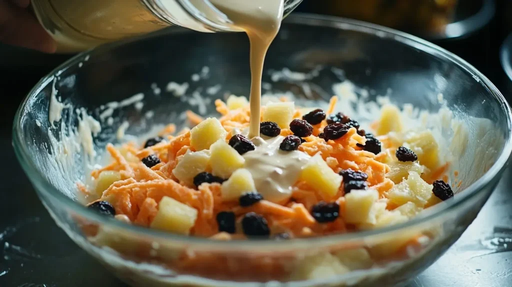 Step-by-step assembly of carrot raisin pineapple salad, showing shredded carrots and diced pineapple being mixed in a glass bowl with raisins and creamy dressing