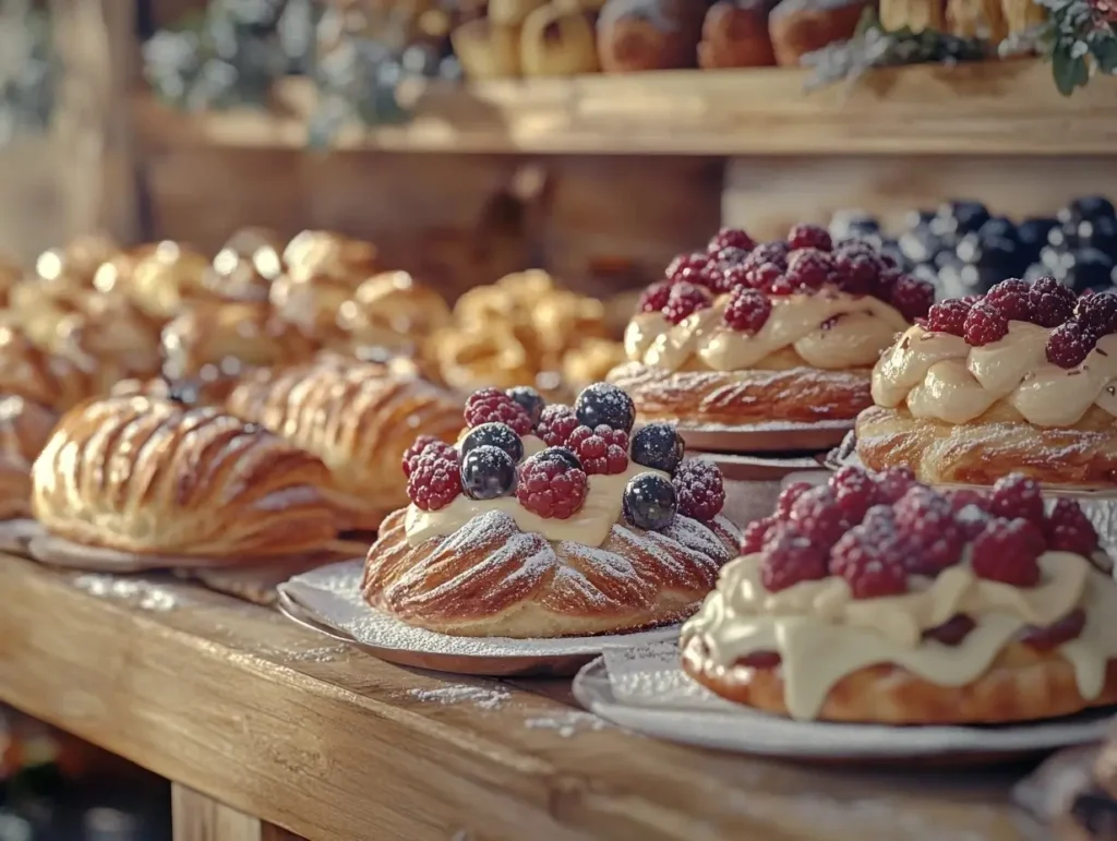 Assortment of cheese Danish pastries with various toppings like berries and icing, displayed in a bakery setting with vintage decor