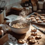 Warmly lit kitchen with a wooden countertop displaying cookie dough preparation and freshly baked cookies cooling on a rack