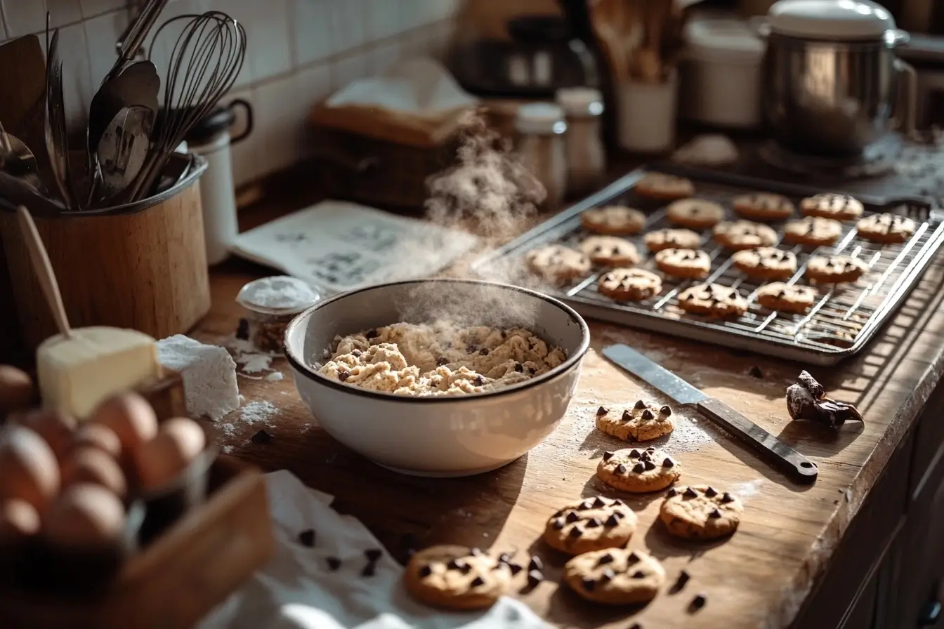 Warmly lit kitchen with a wooden countertop displaying cookie dough preparation and freshly baked cookies cooling on a rack