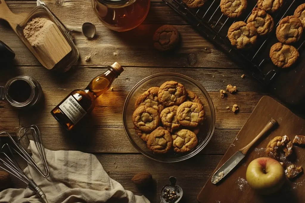 Flat lay of a rustic kitchen setup with apple cider vinegar, cookie dough, baked cookies, and baking tools on a wooden table