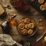 Flat lay of a rustic kitchen setup with apple cider vinegar, cookie dough, baked cookies, and baking tools on a wooden table