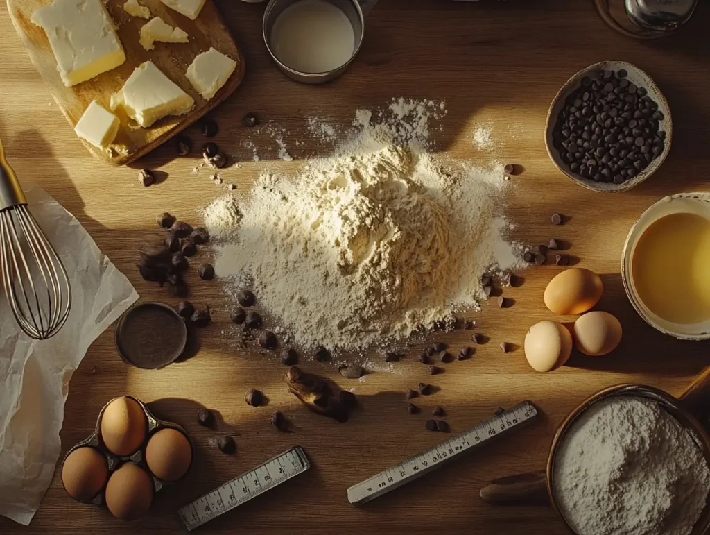 Overhead view of baking tools and ingredients on a countertop, illustrating the golden rule in baking cookies with precise preparation