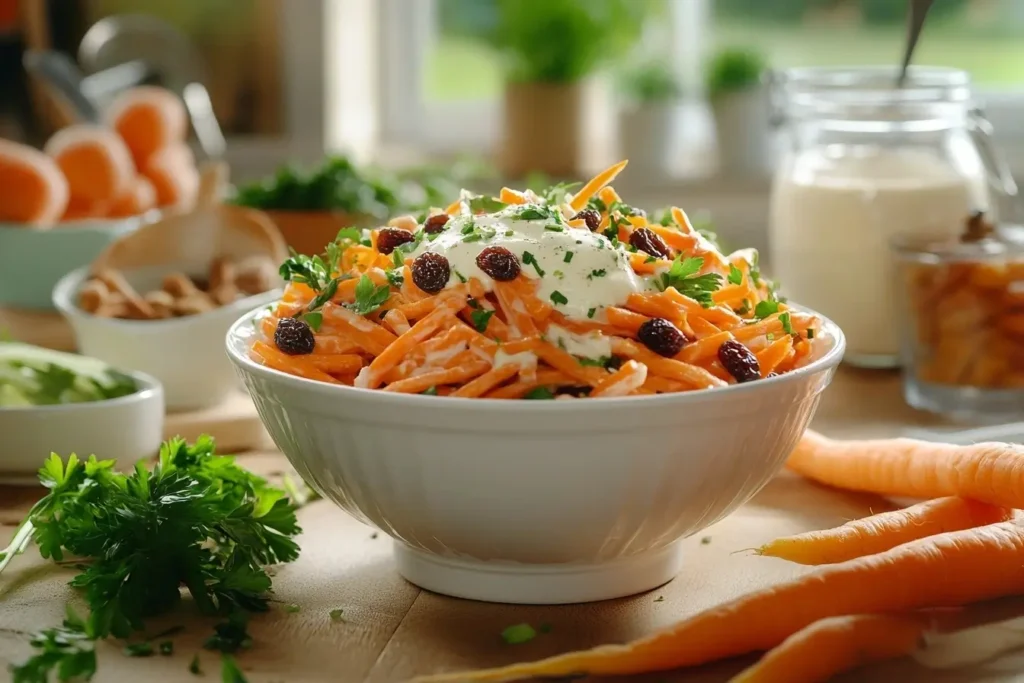 Carrot raisin salad in a white bowl, garnished with parsley, surrounded by fresh carrots, raisins, and a jar of dressing in a rustic kitchen.