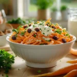 Carrot raisin salad in a white bowl, garnished with parsley, surrounded by fresh carrots, raisins, and a jar of dressing in a rustic kitchen.