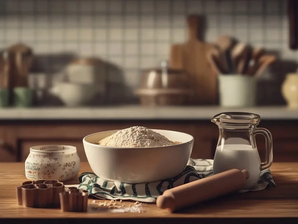 Close-up of Bisquick mix, a mixing bowl, milk, rolling pin, and biscuit cutters on a wooden countertop with warm natural lighting