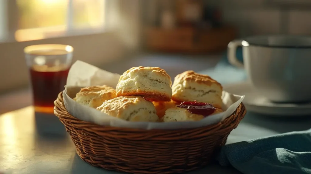 Biscuits made with Bisquick and water, served with jam, butter, and coffee